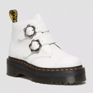 Dr. Martens | Devon Flower Buckle Leather Platform Boots | White | 9